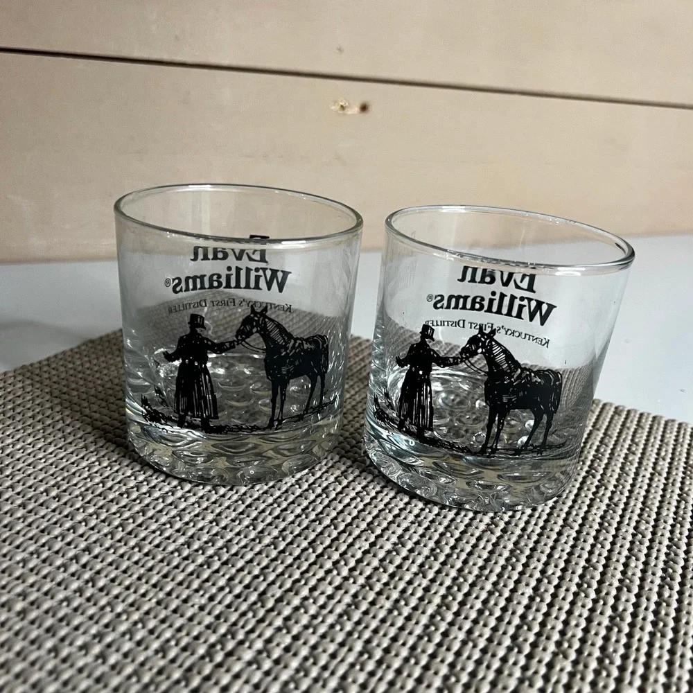 Evan Williams Bourbon Whiskey Glasses Set of 2 Bubble Base Rocks Lowball Barware